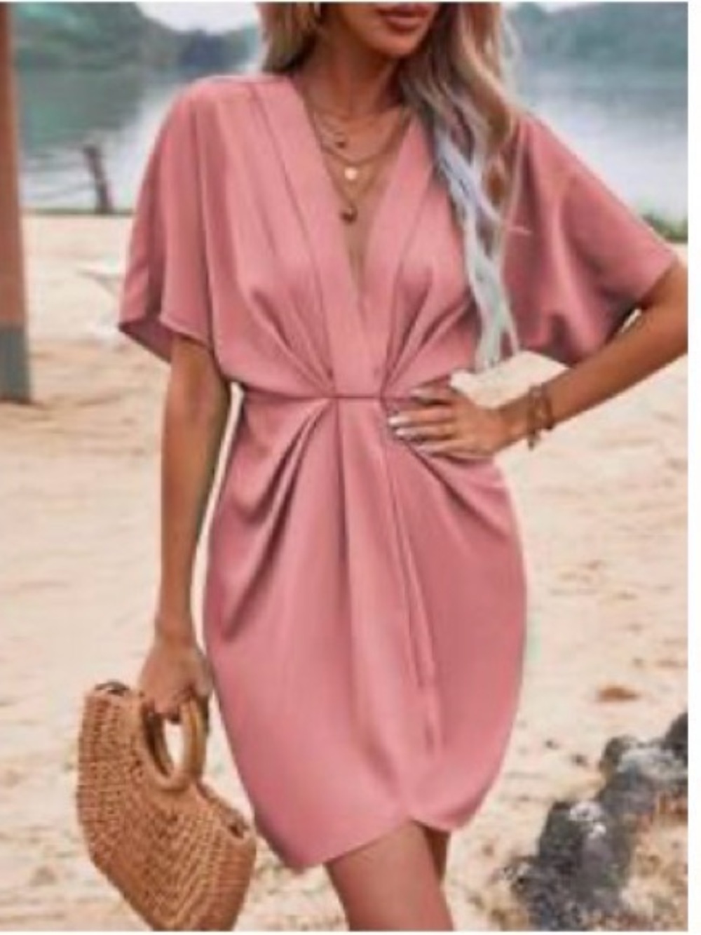 Women's Rose Pink V-Neck Twist Front Dress